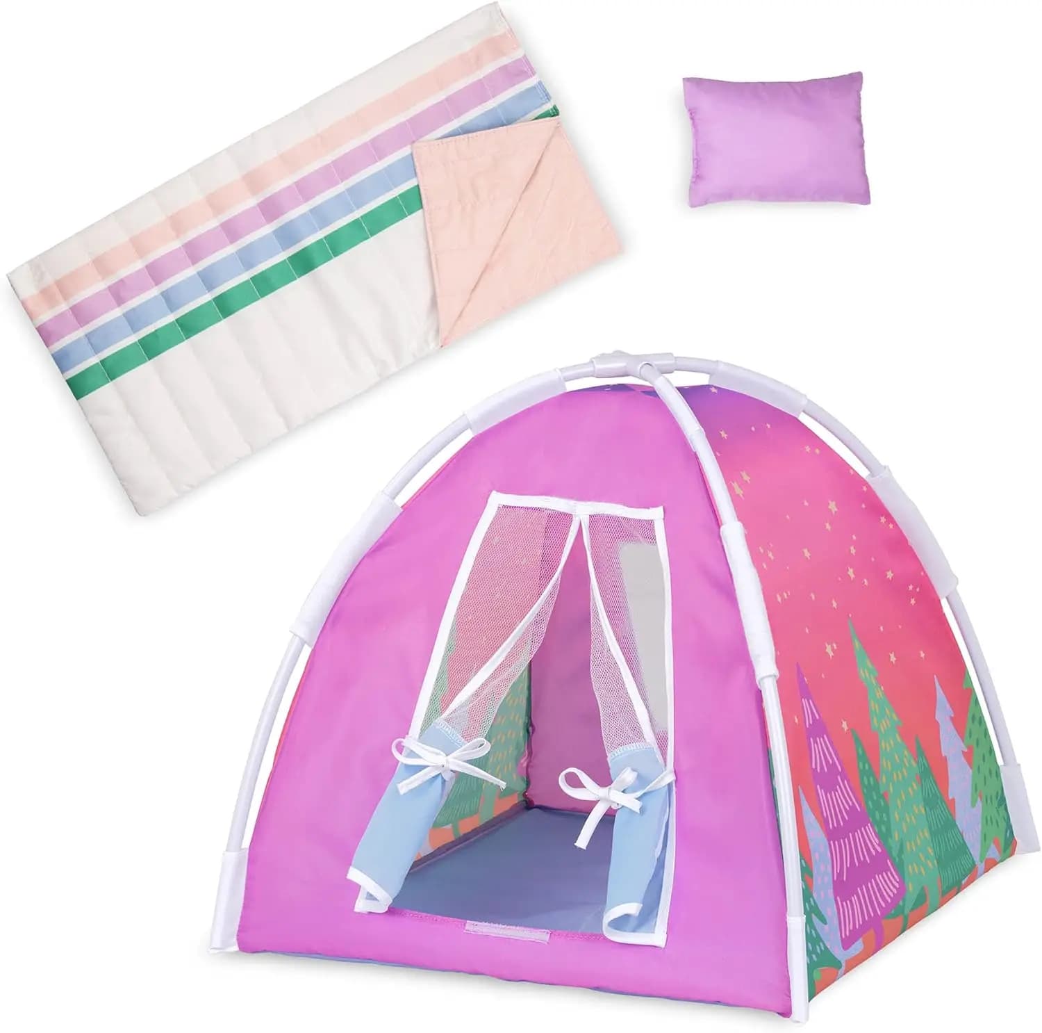 Set da campeggio per bambole da 14 pollici: tenda da gioco e sacco a pelo arcobaleno con cuscino per bambini dai 3 anni in su