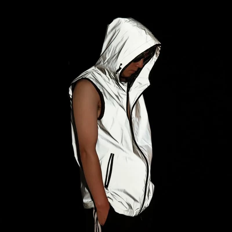 Gilet Riflettente con Cappuccio da Uomo Sottile Primavera-Estate, Moda Streetwear Hip-hop, Giacca Senza Maniche Luminosa per Corsa Notturna e Ciclismo