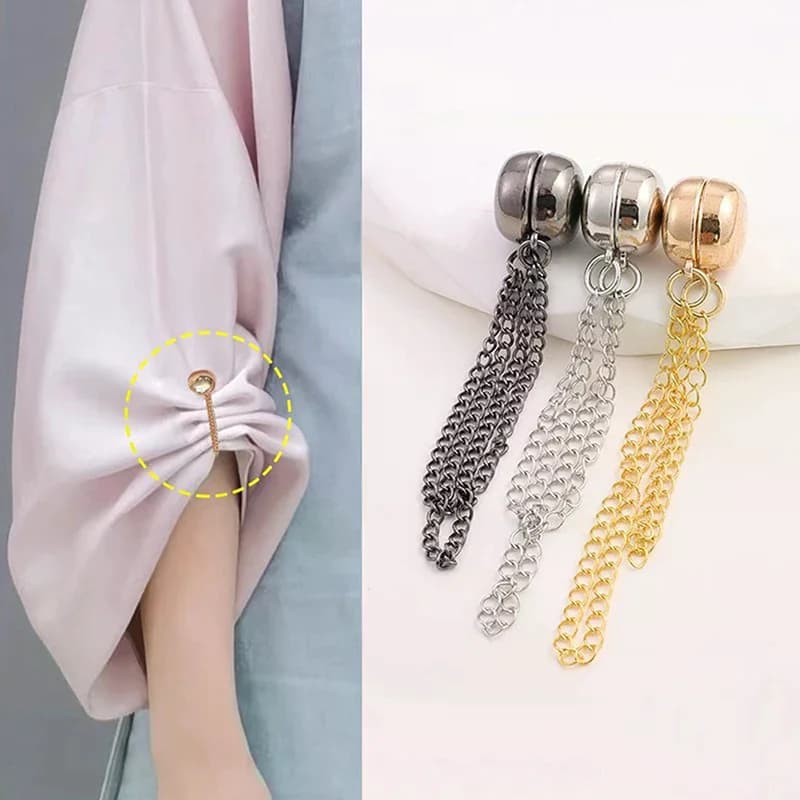 2 Pezzi Clip Magnetica Multifunzione per Abbigliamento con Catena, Bottoni in Metallo, Clip per Fissaggio di Vestiti, Sciarpe, Polsini di Pantaloni, Spilla Magnetica