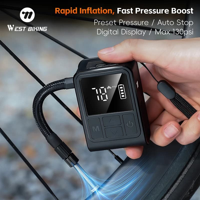 Pompa Elettrica Portatile WEST BIKING per Biciclette, 130PSI, Tipo-C, Gonfiatore per Pneumatici MTB e Strada, Valvole AV e FV