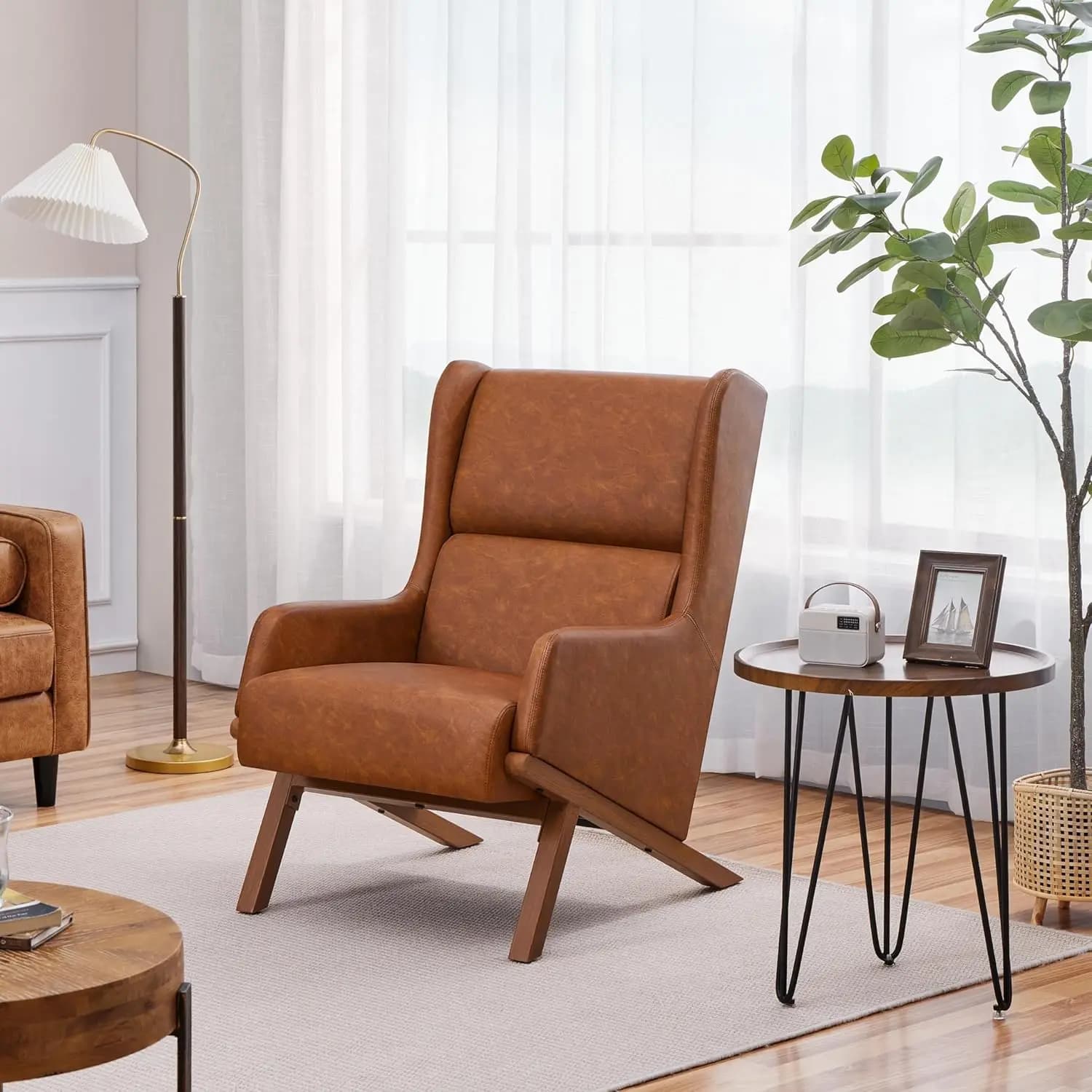 Brown Oversized PU Leather Accent Chair High Wide Backrest Thick Cushion Office Reception Reading Nook, Customized