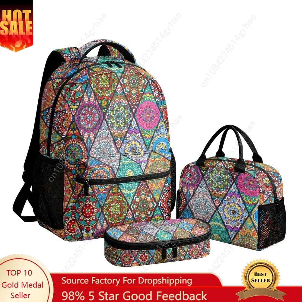 Bohemia Mandala Geometric Custom Leisure All-Over Print 3-Piece Backpack Set (Includes Backpack, Lunch Bag, and Pencil Case)