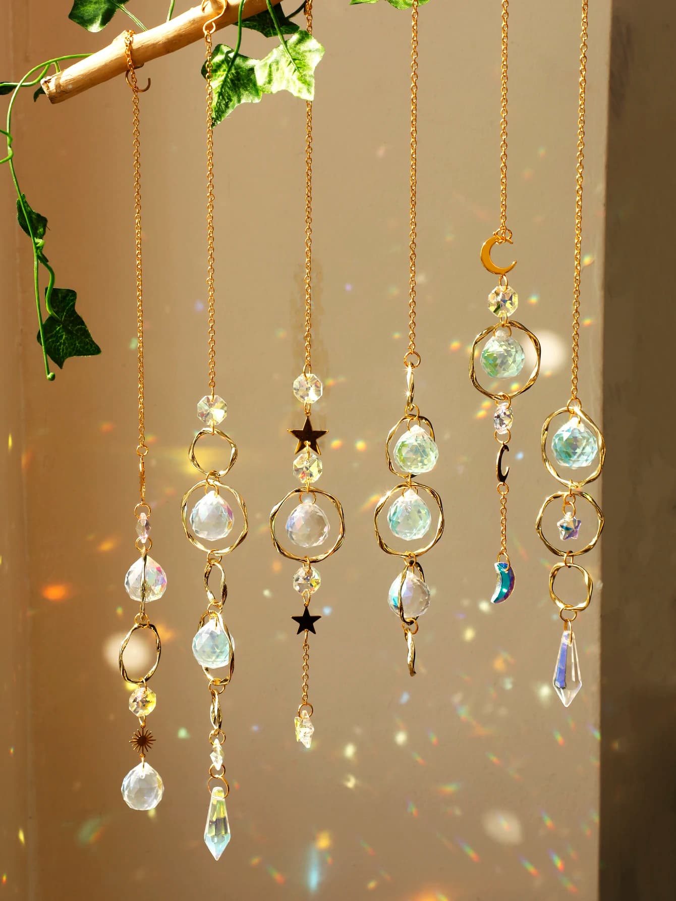 Boho Sun Catcher Hanging Ornaments Handmade Crystal Sun Catchers with Gold Chain for Window Wall or Garden Decor Wind Chimes