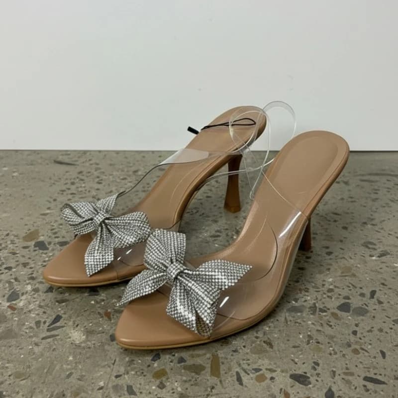 Tacchi Alti con Fiocco in Strass PVC Trasparente, Scarpe a Punta con Cinturino Posteriore, Glitterate per Feste e Matrimoni, Mules alla Moda