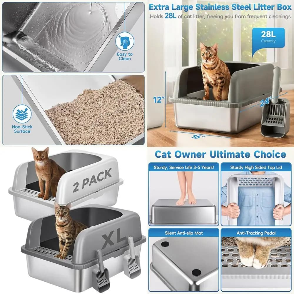 Lettiera per Gatti XL Extra Large in Acciaio Inossidabile con Coperchio, Chiusa con Bordi Alti per Gatti Grandi, 24L x 16W x 12H, Antiaderente, Include S