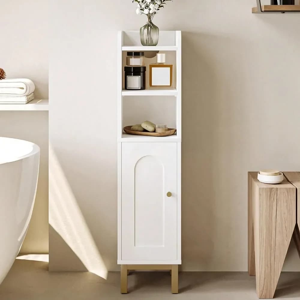 Mobiletto angolare da bagno piccolo con anta, ripiani, porta carta igienica stretto e organizer a ripiani regolabili