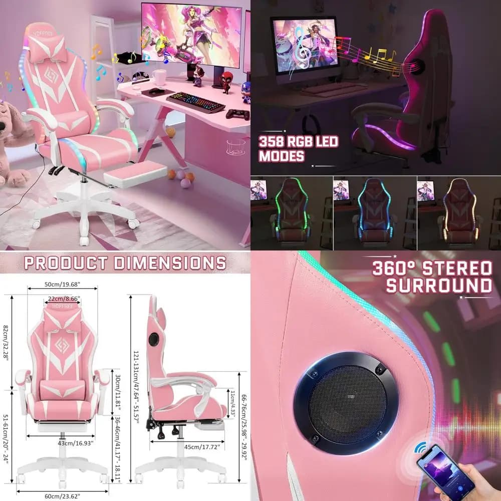 Sedia da gioco ergonomica per massaggi con altoparlanti Bluetooth, luci a LED e poggiapiedi - Sedia per computer video RGB rosa