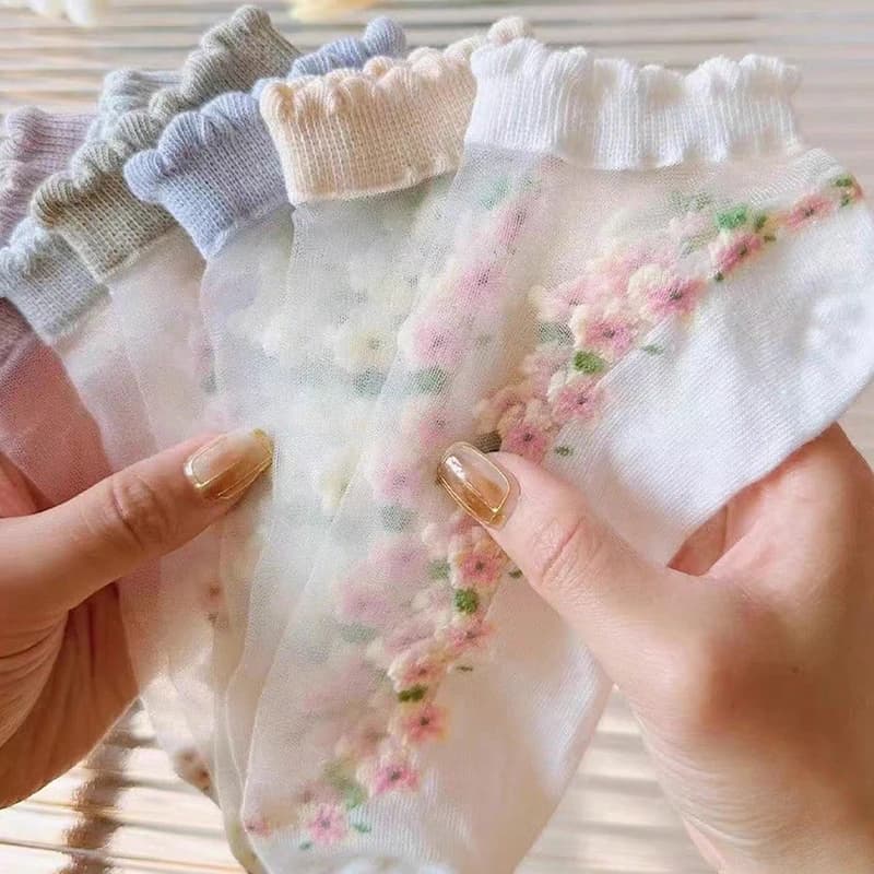 4/7 paia di calzini casual da donna in fibra di vetro con motivo floreale, calzini invisibili, calzini corti casual estivi leggeri e traspiranti