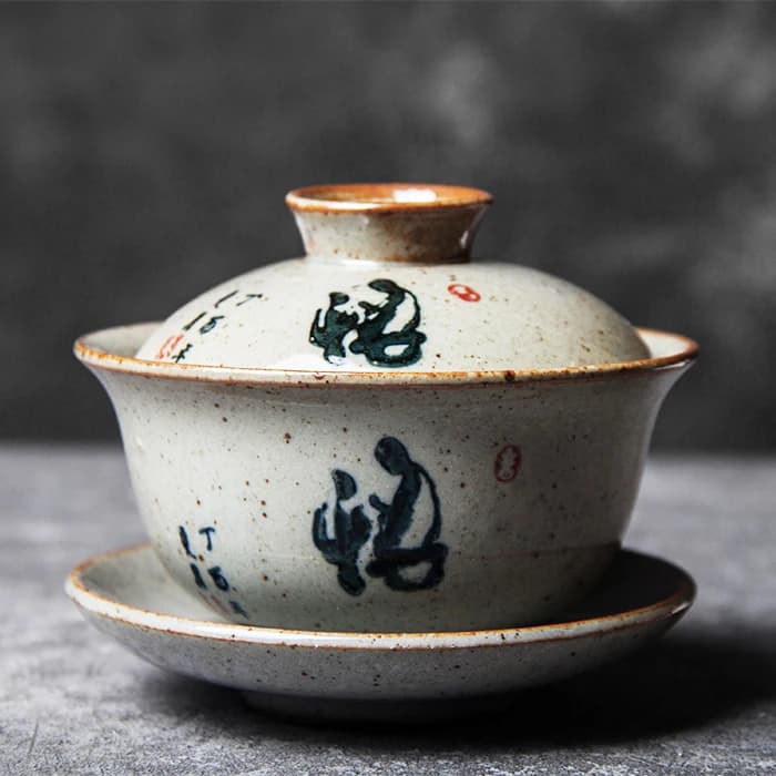 Ceramic Handmade Tea Set and Tea Maker, Chinese Retro Kung Fu, Three Cover Bowls, Hand-Painted Calligraphy Tea Cups, XH063