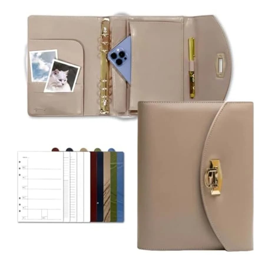 Terence Clutch-Style A5 PU Leather Planner 5.8" x 8.3", Refillable 6-Ring Binder with 80 Sheets, Dividers and Elegant Metal Bal