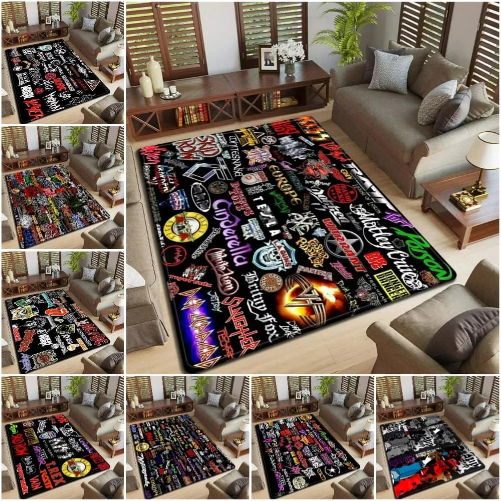 Tappeto con motivo rock and roll con logo della band per soggiorno, camera da letto, morbido tappeto antiscivolo, tappetino da cucina, zerbino d'ingresso