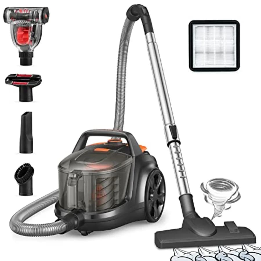 Vacuum Cleaner in Lightweight Sackless Bidon, Large Powder Container from 3.7QT, Automatic Cable Rewinding, 5 Accessories, HEPA Filter, Varia