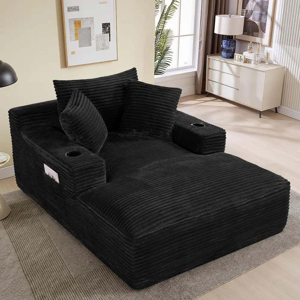 Chaise longue oversize 50W x 68D con portabicchieri, poltrona reclinabile in morbido velluto a coste, divano letto con seduta profonda, 3 cuscini, adatta per L