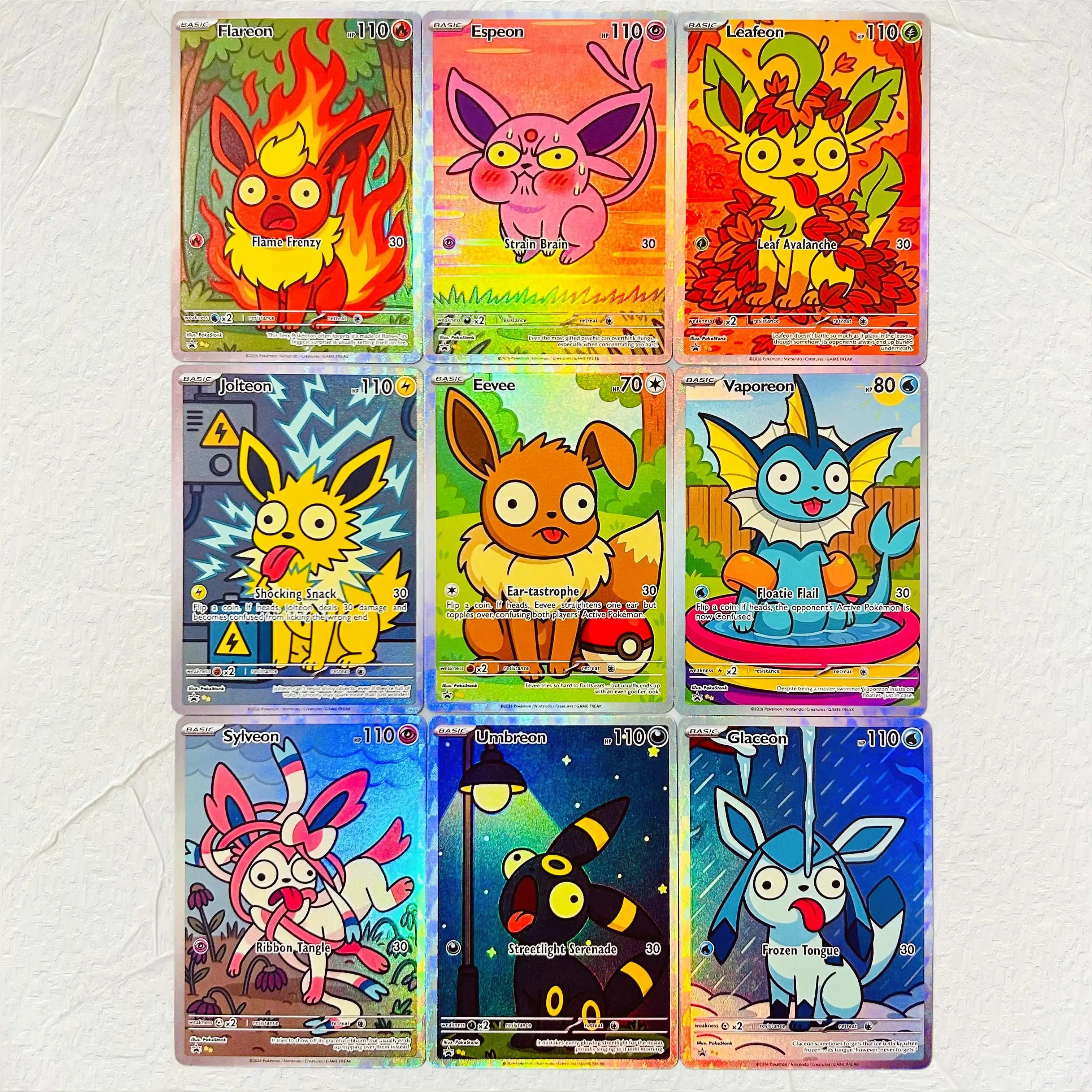 DIY Pokemon Eevee Flareon Espeon Leafeon Jolteon Vaporeon Umbreon 9Pcs Foil Texture Cards EN Premium Anime TCG Collection Cards