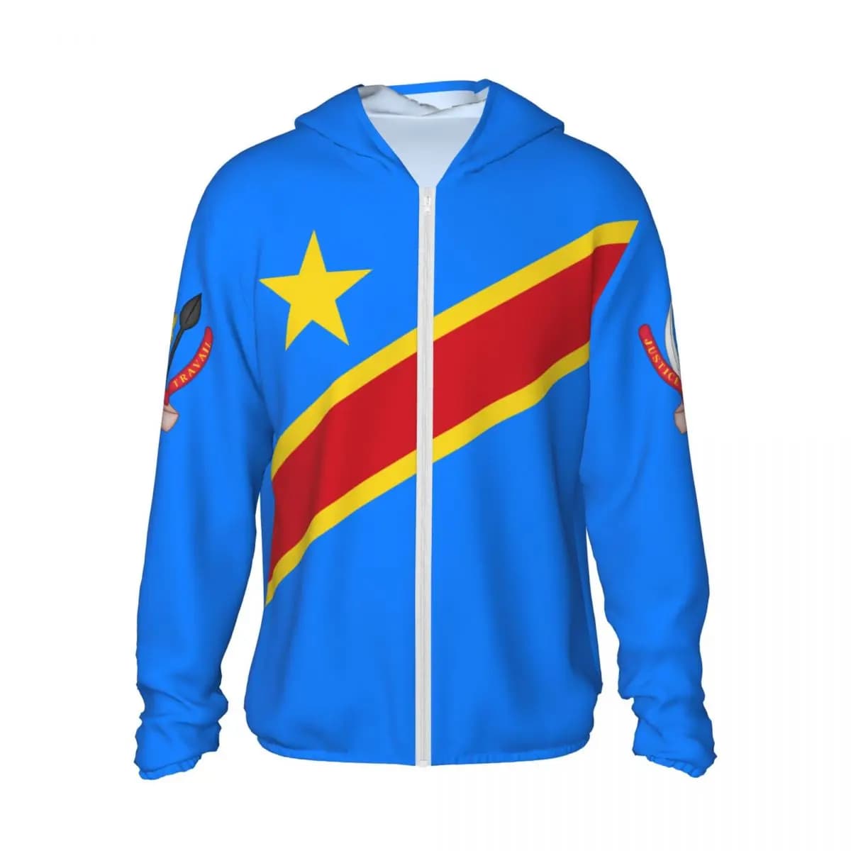 Felpa con cappuccio a zip rapida in poliestere con protezione solare, ideale per pesca e corsa, con bandiera della Repubblica Democratica del Congo, collezione Estate 2026