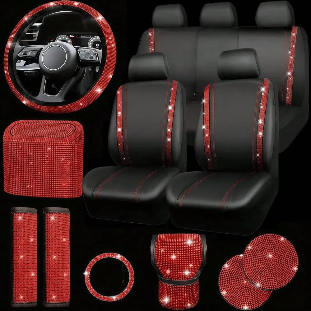 Leather Universal Fit Car Seat Covers Set Sparkly Rhinestone Steering Wheel Cover, Seat Belt Cushion, Car Trash Can, Shift Knob