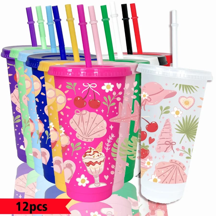 Confezione da 12 Bicchieri in Plastica Colorata da 26oz con Motivo a Conchiglia, Ciliegia e Stella per Feste, Regalo di Ritorno a Scuola e Compleanno