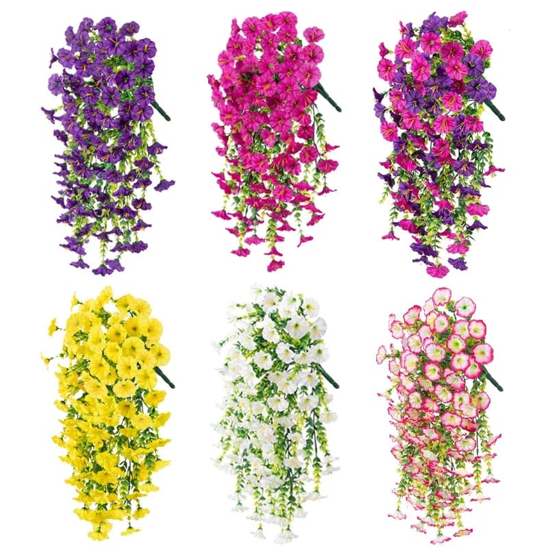 2PCS Artificial Morning Glory Hanging Flowers Fake Flower Outdoor Home Garden Wall Hanging Petunias Plants Wedding Decoration