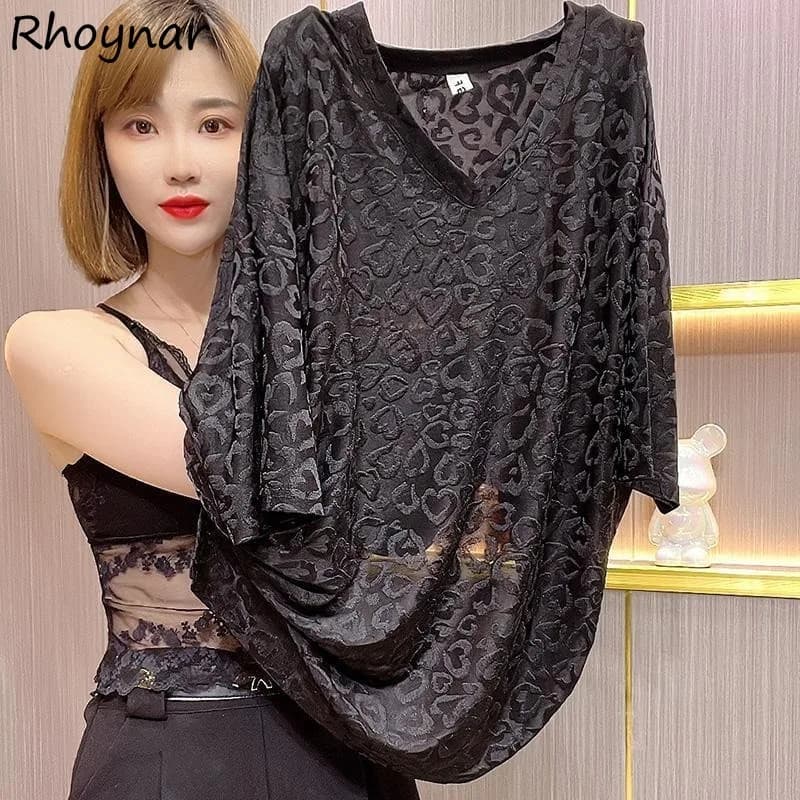 T-shirt solide Donna Estate Trasparente Scollo a V Sottile Sottile Allentato Stile coreano Moda High Street Top Tempo libero All-match Quotidiano Chic