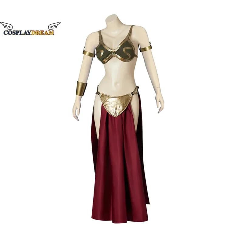 Film sexy Principessa Cosplay Outfit Leia Slave Costume Abito Reggiseno dorato e gonna Accessori Festa in maschera di Halloween LZ8734v;6,