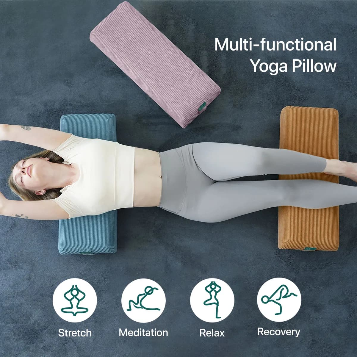 yoga bolster pillow, rectangular meditation cushion, lightweight yoga prop, restorative yoga pillow, pilates support cushion