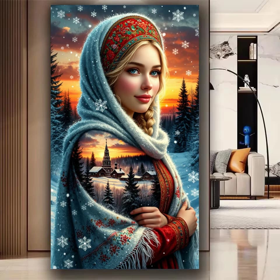 Pittura Diamante Fai da Te Donna Russa di Bellezza Invernale con Neve, Mosaico con Diamanti Quadrati e Rotondi Completi, Ricamo Artistico, Fantastico Ritratto Decorativo