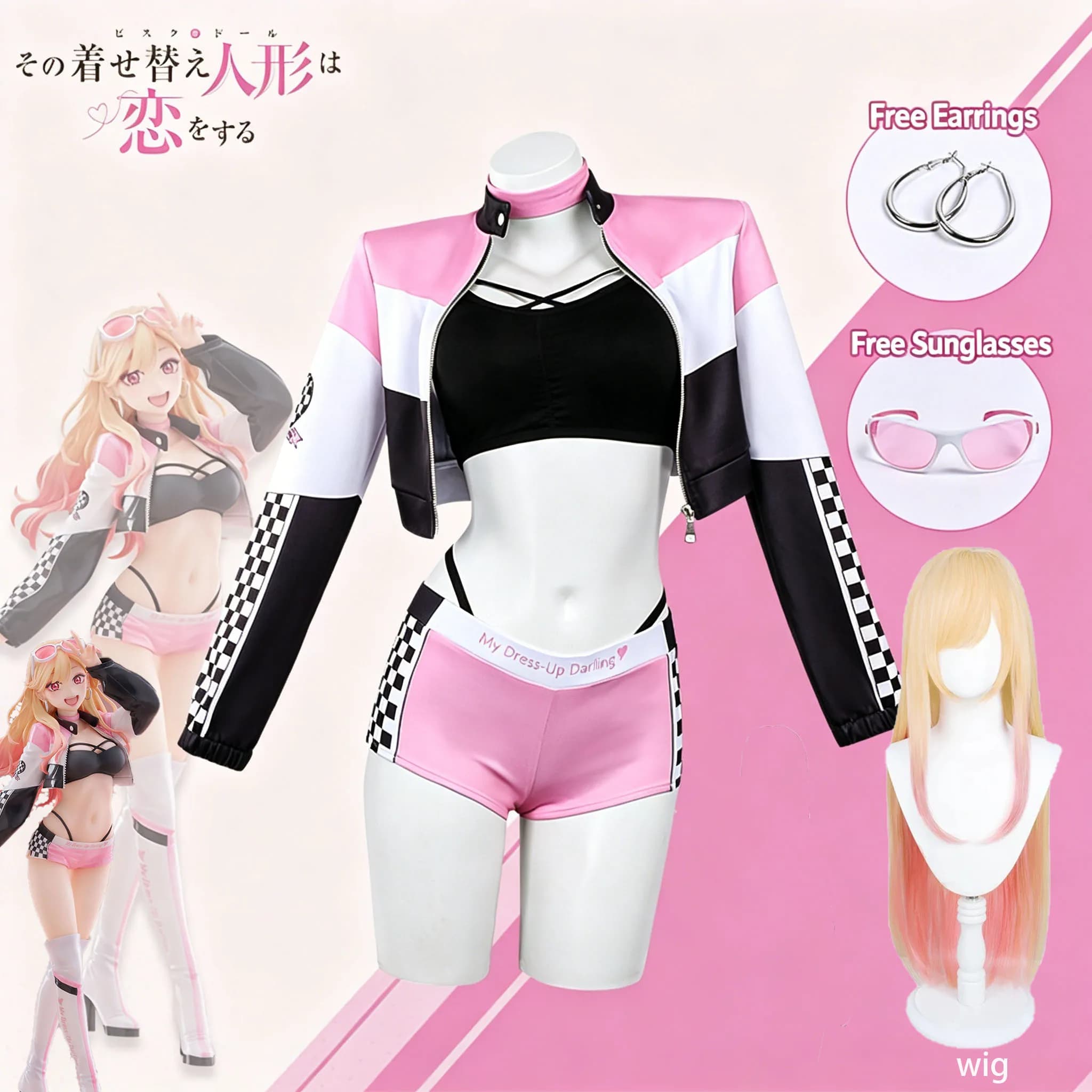 Women Racer Role Play Costume Set, Pink White Black Color Block Zip-Up Jacket & Shorts Full Outfit with Matching Accessories