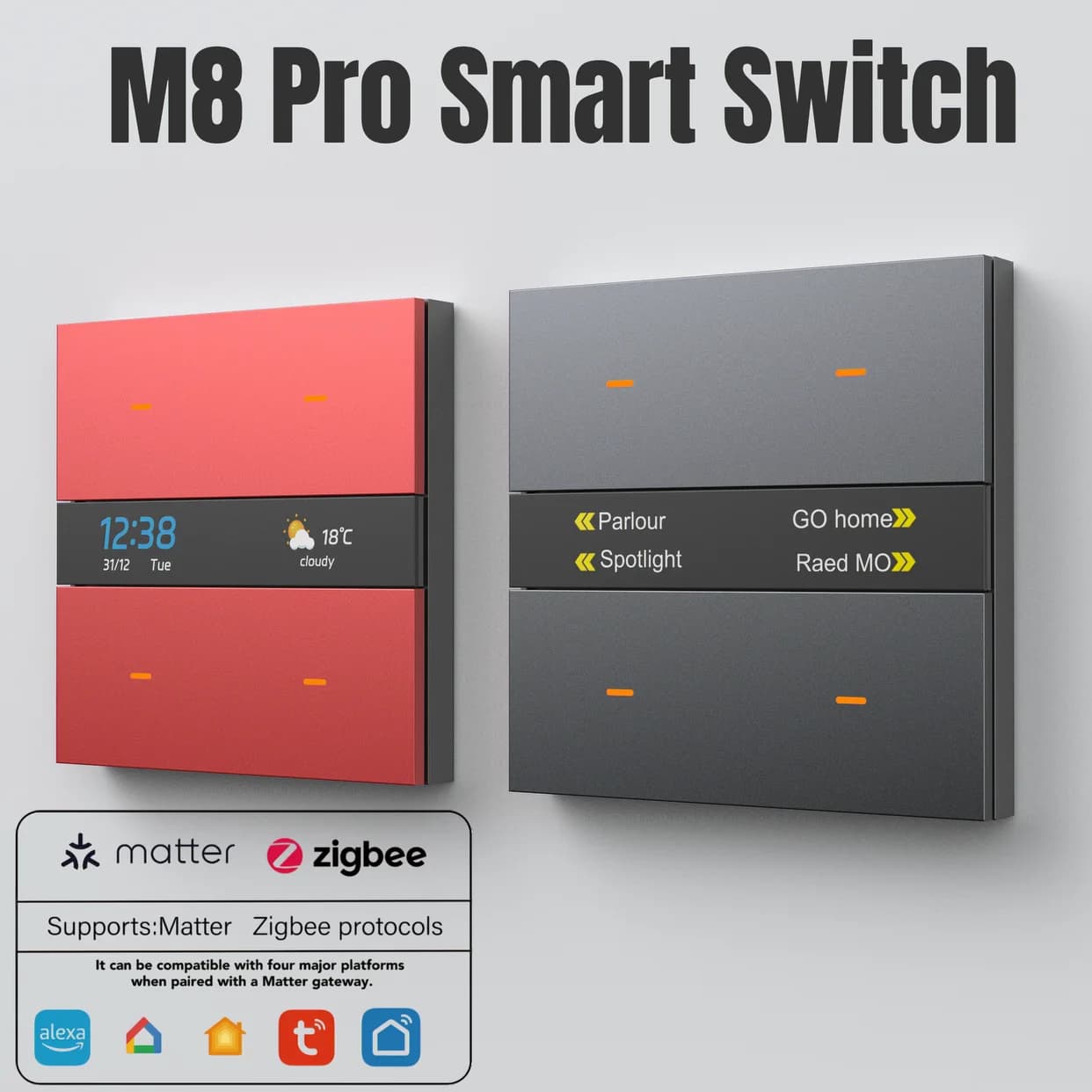 Smart Switch M8Pro Tuya e hub Zigbee 3.0: meteo/orologio HD, 4 tasti programmabili, controllo multidispositivo