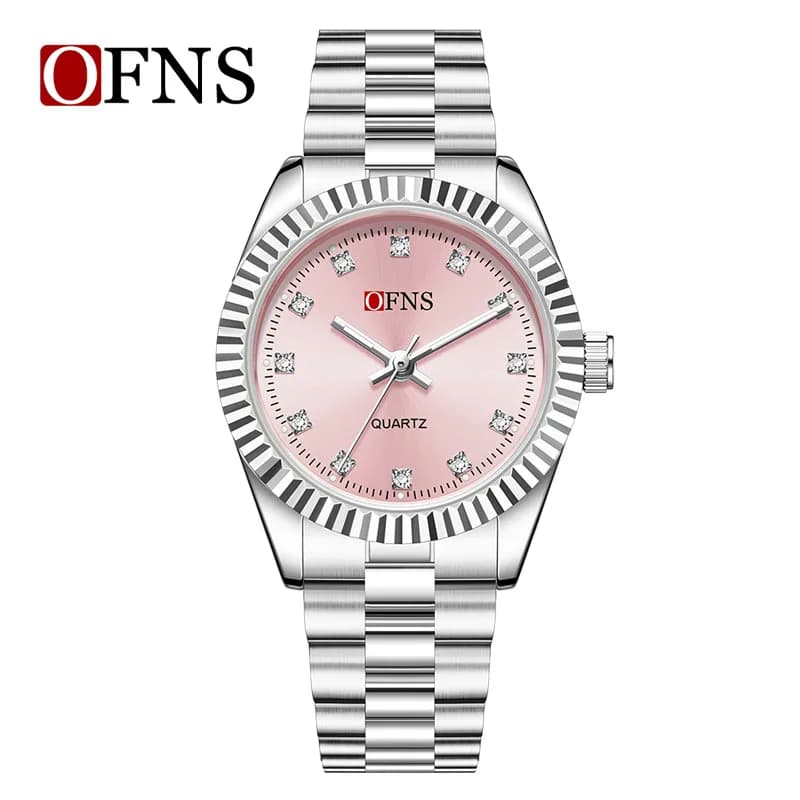 New OFNS Watch Waterproof with Stainless Steel Strap, Diamonds and Luminous Dial, Fashion Women's Watch with Solar Motive, Quartz Movement