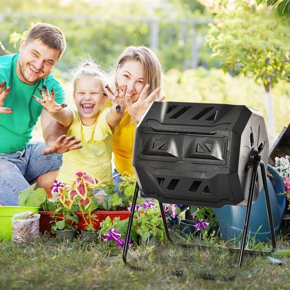 Compostiera Rotante da Esterno 360 ° Composter Rotante a Doppia Camera da 43 Galloni, Nero, Personalizzabile