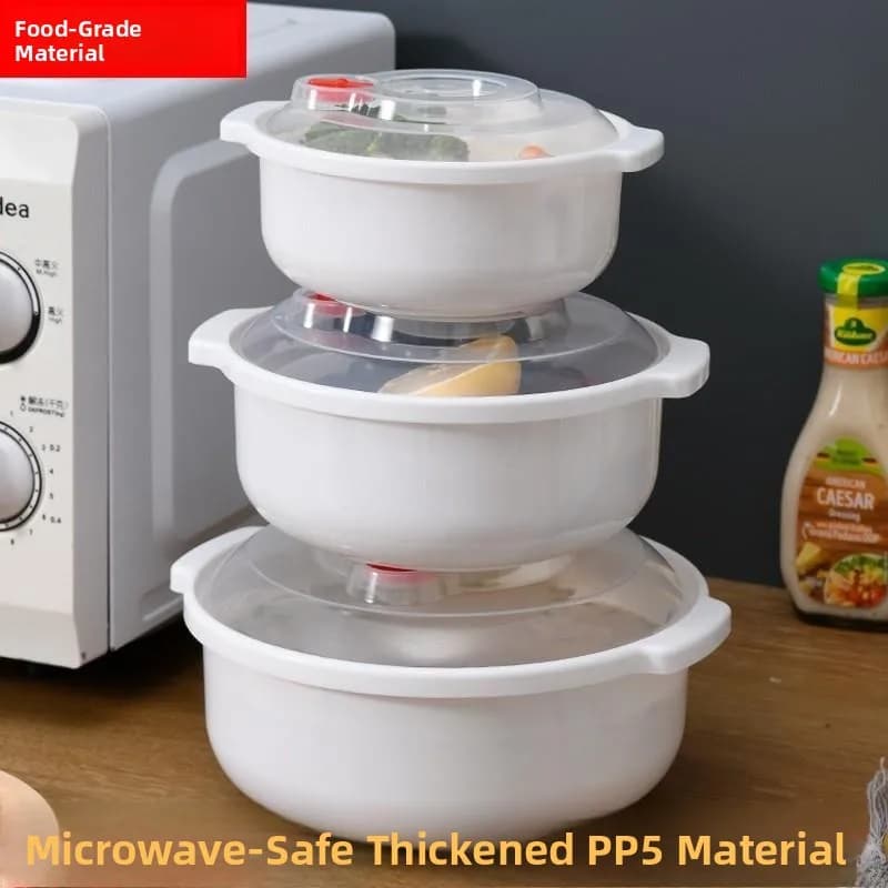 Contenitore per Riso in Plastica Rinforzata per Microonde, Cestello per Cottura a Vapore, Ciotola per Uso Domestico con Coperchio, Forma Rotonda, Design a Tre Scomparti