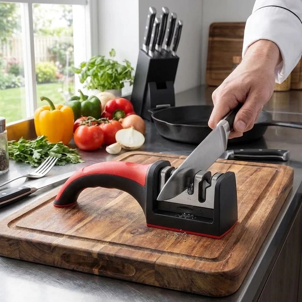 Affilacoltelli da Cucina a 4 Segmenti in Acciaio Inossidabile, Strumento di Affilatura a 3 Fasi, Base Antiscivolo, Pietra Professionale per Affilare i Coltelli