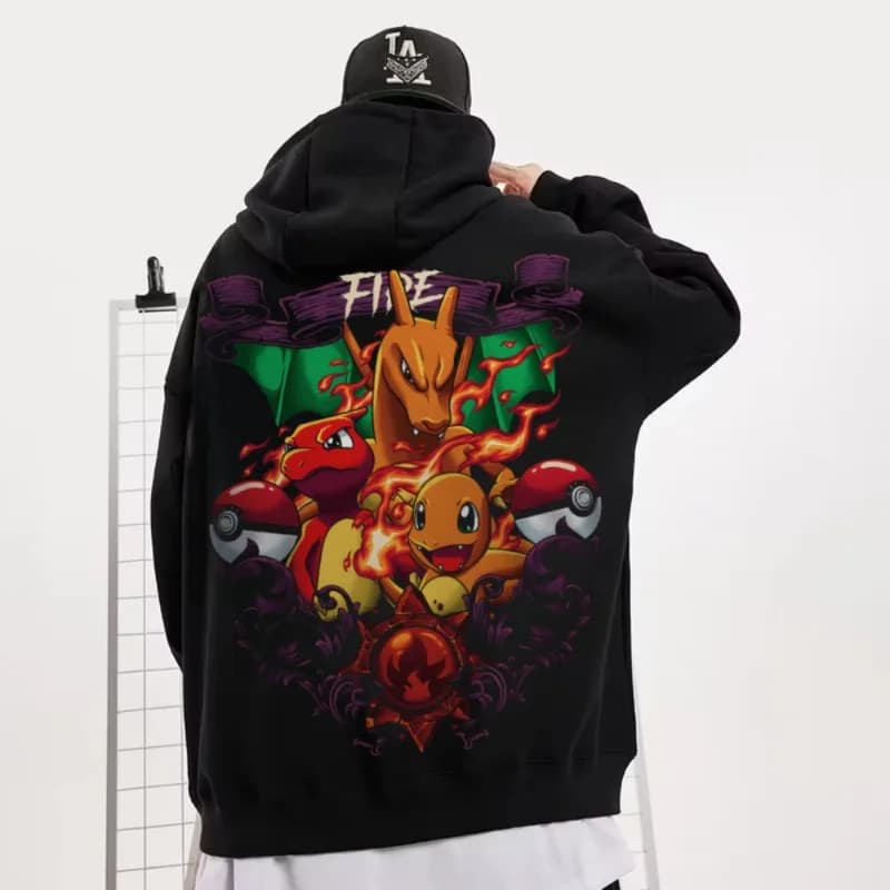Felpa con cappuccio nera oversize 4xl Pok É Mon Flame Dragon Print da uomo e da donna autunno e inverno in velluto Y2K Halloween COS
