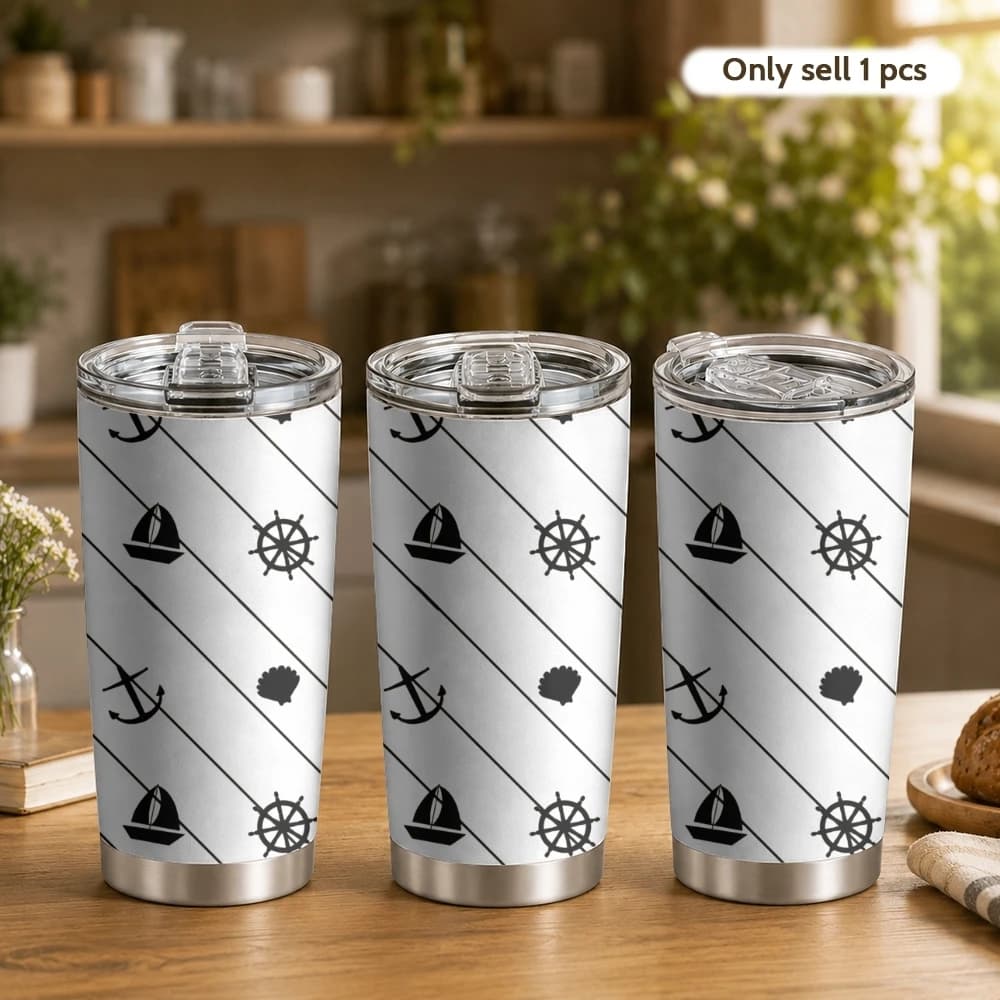 Anchor Boat Navy Blue Stripes Vacuum Flasks 20oz Coffee Tumbler With 2 Lids & Straw Stainless Steel Vacuum Insulated Mug