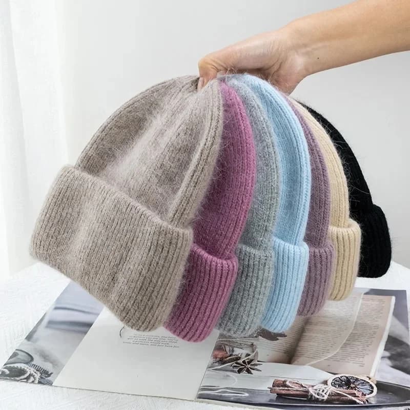 Berretto Skullies in lana di cashmere caldo moda Angola Pelliccia di coniglio Berretti invernali lavorati a maglia Donna Cappelli da sci in tinta unita per esterni