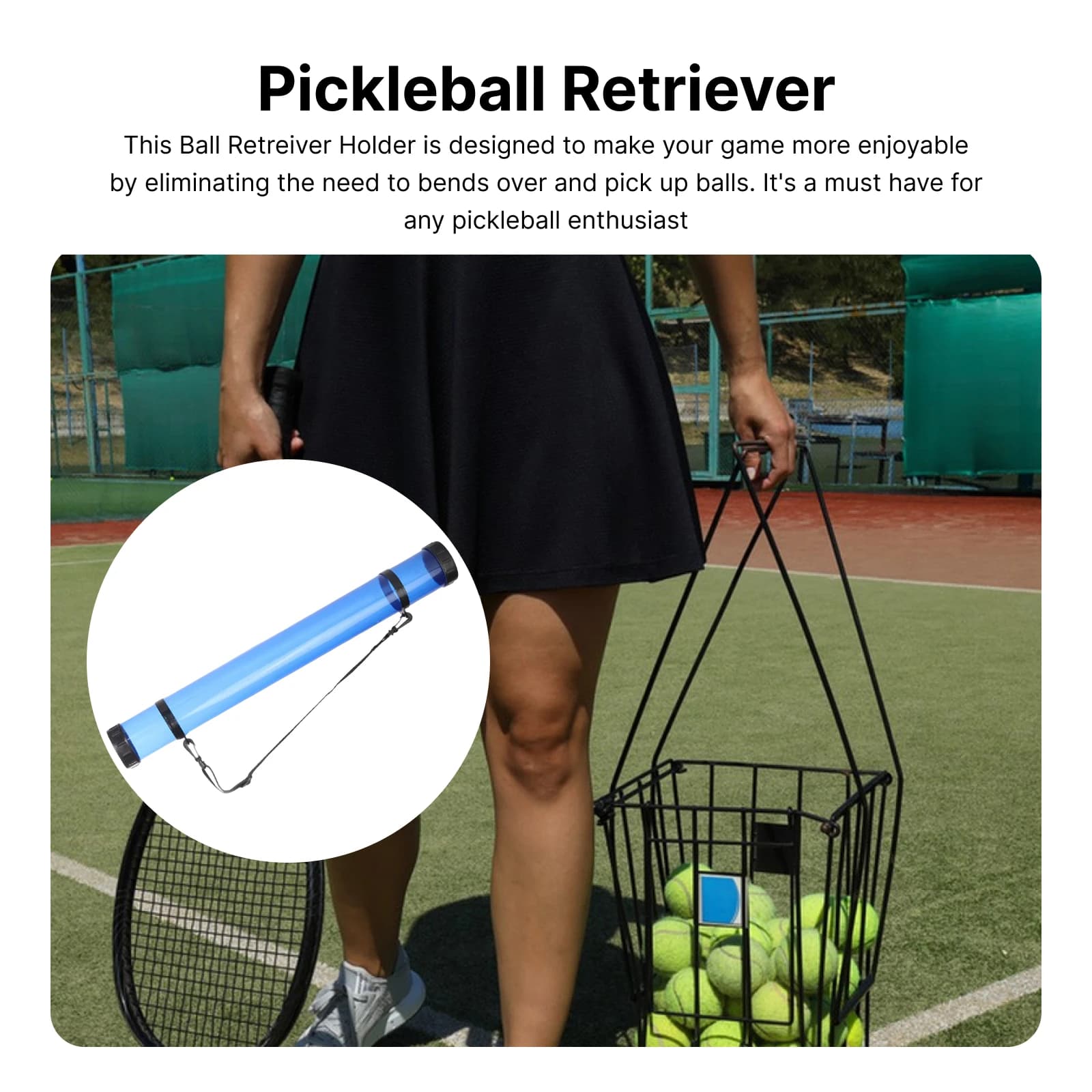 Pickleball Tennis Pickup Tube Ball Retriever Picker Gym Pick up Tool Grabber con tracolla per allenamento con palline sportive all'aria aperta