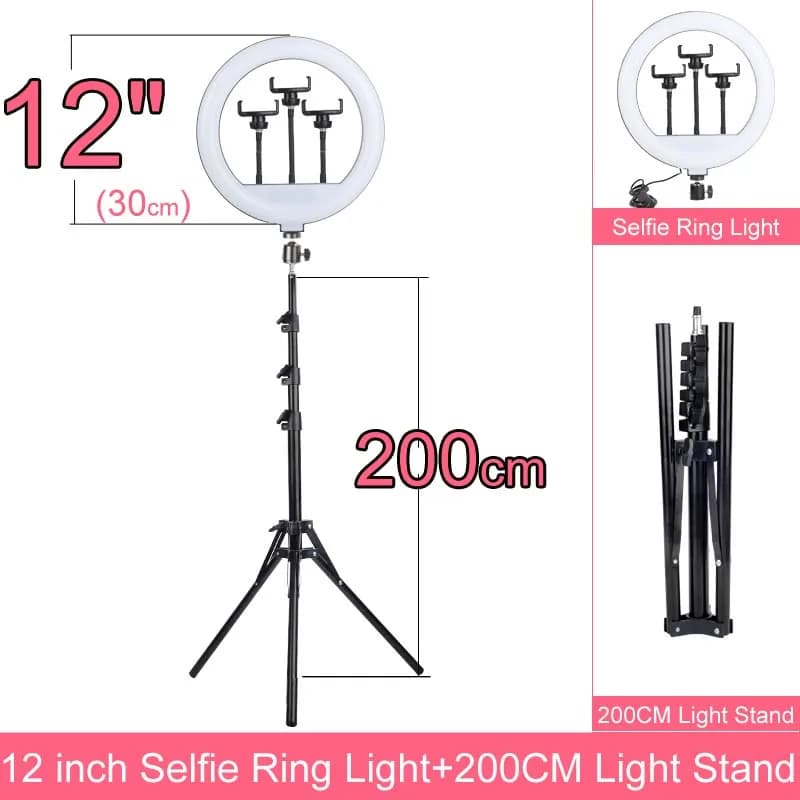 12 pollici dimmerabile LED Selfie Ring Light Lamp Photography Ringlight 200cm treppiede Phone Studio 30.5cm 3 Holder Live YOUTOBE