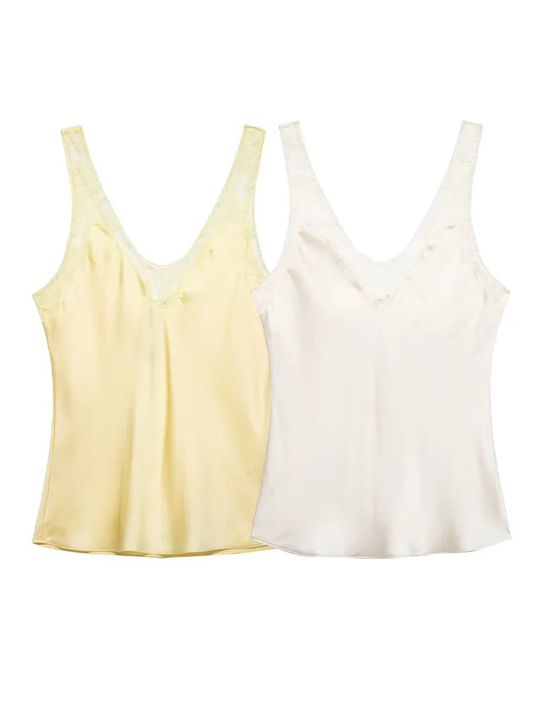 HH Female Summer Fashion Backless Sleeveless Lace Satin Vest Top Woman Solid 2-Color V-Neck Street Waist Casual Slim Short Top