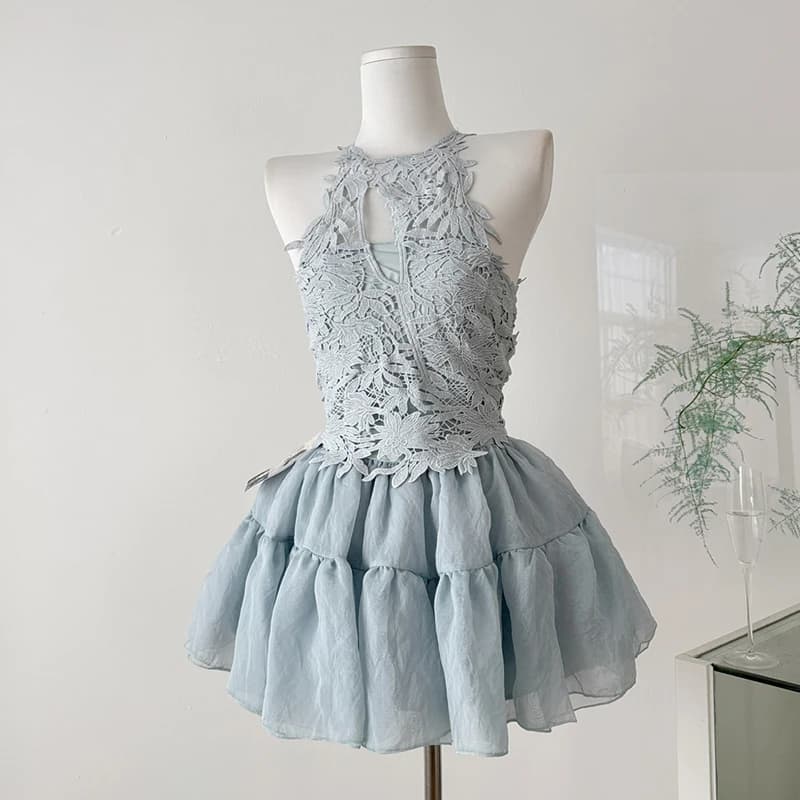 Summer Lace Hollow Out Two-piece Tops and Skirts Sets Korean Fashion Camisole Sleeveless Cropped Tops Elastic Waist Skirt Suits