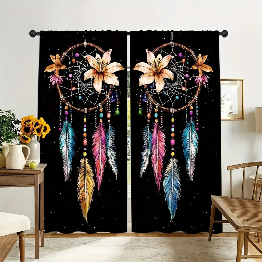 Colorful Dreamcatcher with Feathers and Flowers Curtains Boho Artistic Design Elegant Home Decor Spiritual Theme Window Drapes