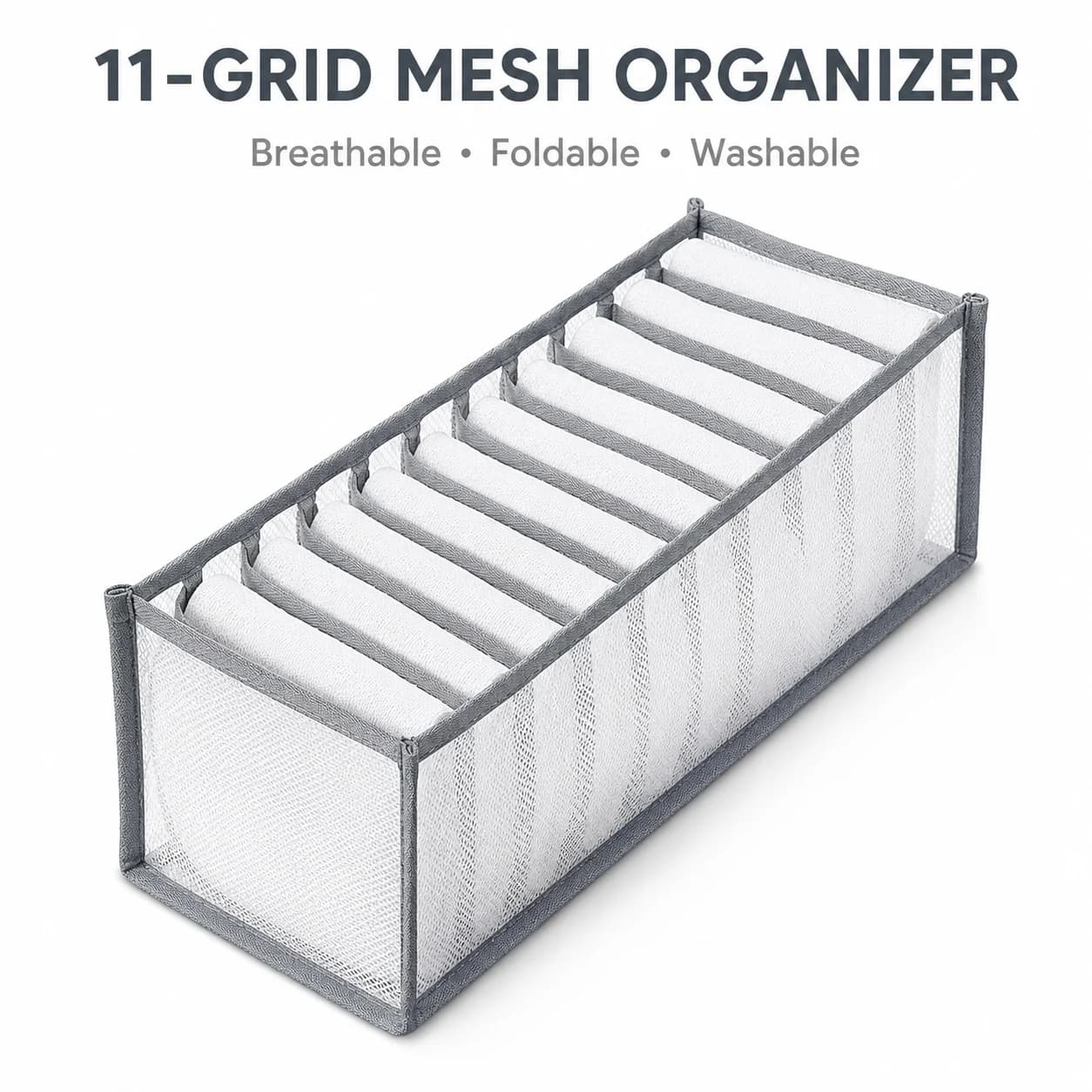 11-Grid Mesh Clothes Organizer Box Breathable Foldable Washable Drawer Storage for Socks Underwear Small Items Closet Gray