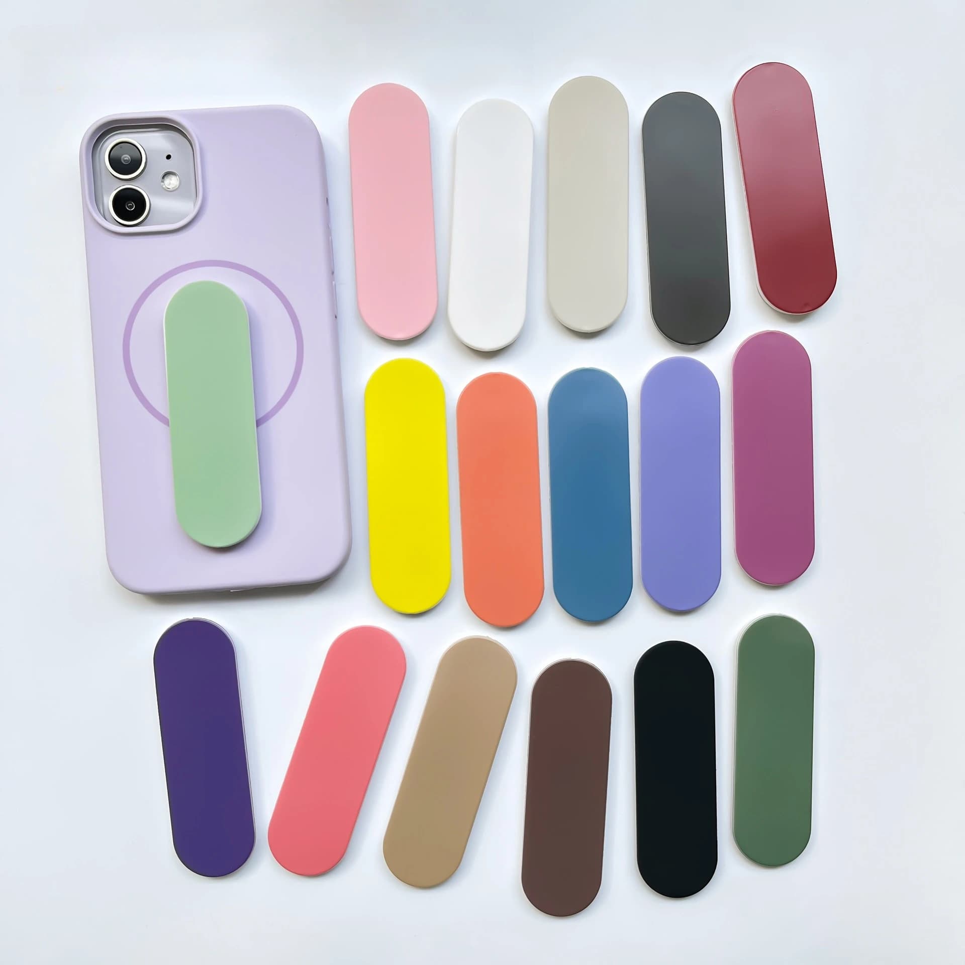 Supporto per Telefono Sottile a Colori Solidi Stile Macaron con Adesivo Posteriore, Impugnatura a U per Scrivania e Cinghia Anti-Caduta