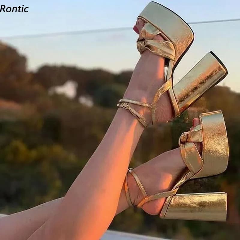 Rontic New Fashion Women Platform Sandals Ankle Strap Chunky Heels Open Toe Gorgeous Gold Night Club Shoes US Size 5-15