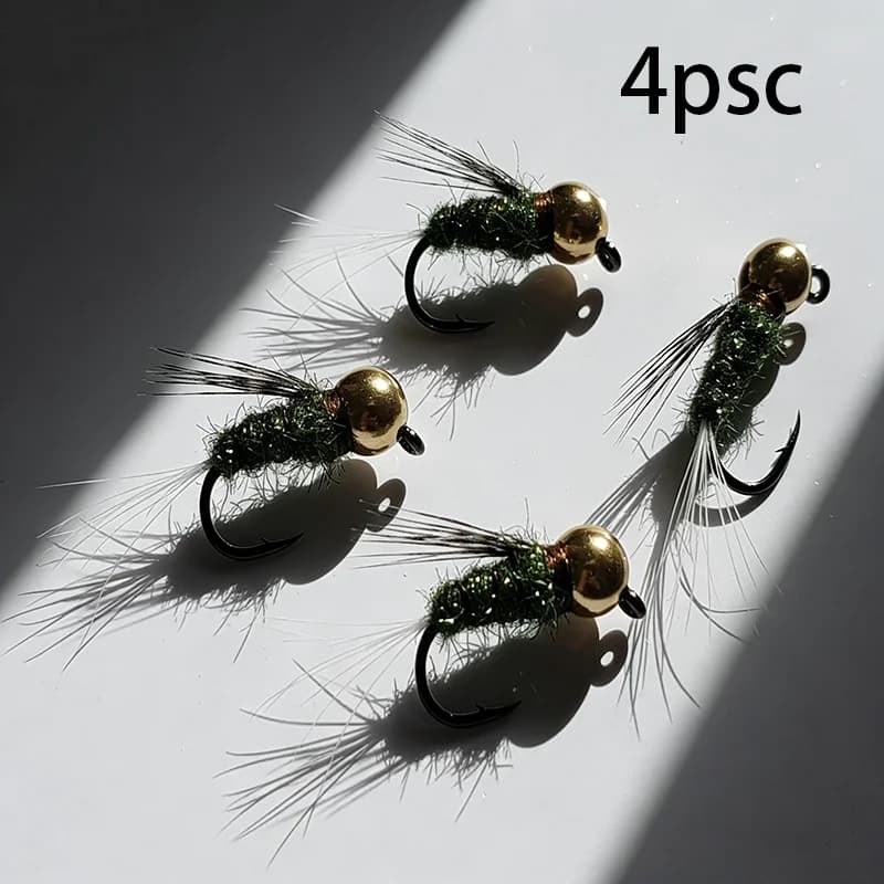 4 Pezzi Mosche Artificiali Caddis Nymph con Testa Dorata, Mosche da Pesca per Trota, Mosche Umide per Bass e Salmone, Kit di Esche per Pesca in Acqua Dolce