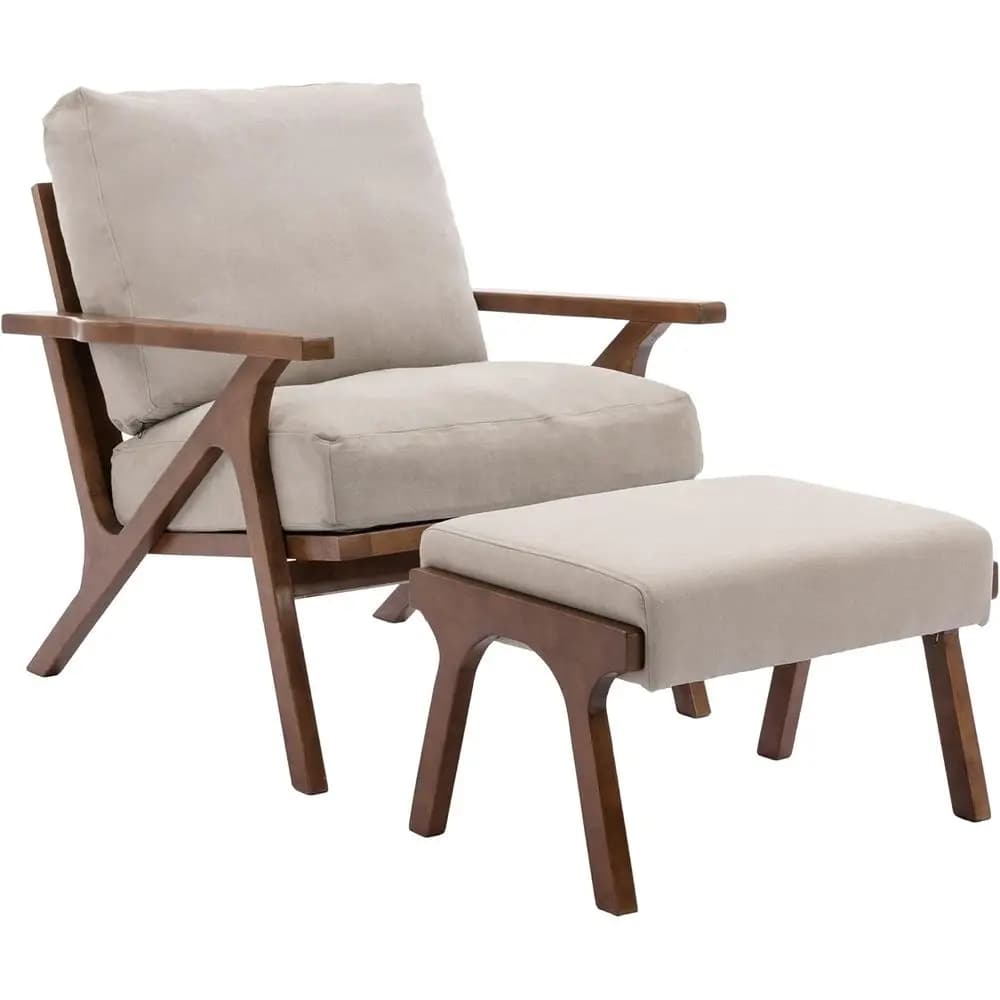 Upholstered Accent Chair with Ottoman, Comfortable Lounge Armchair, Removable Cushions, Solid Wood Legs, Ideal for Living Room o