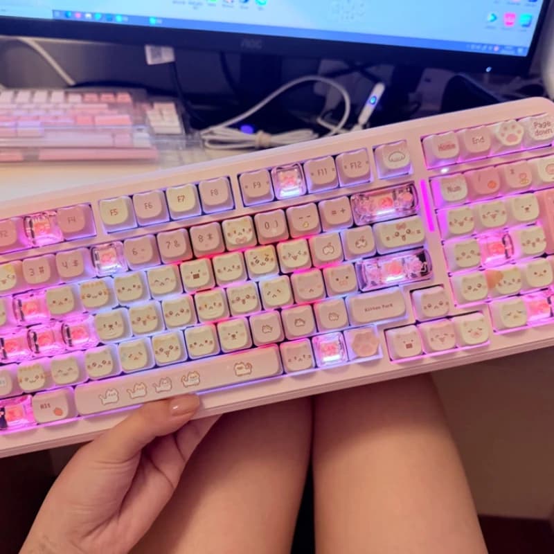 Cute Pixel Cat MAO Profile Keycaps Set PBT+PC Transparent Pink Keycaps for Mechanical Keyboard Magnetic Axis Compatible Gift