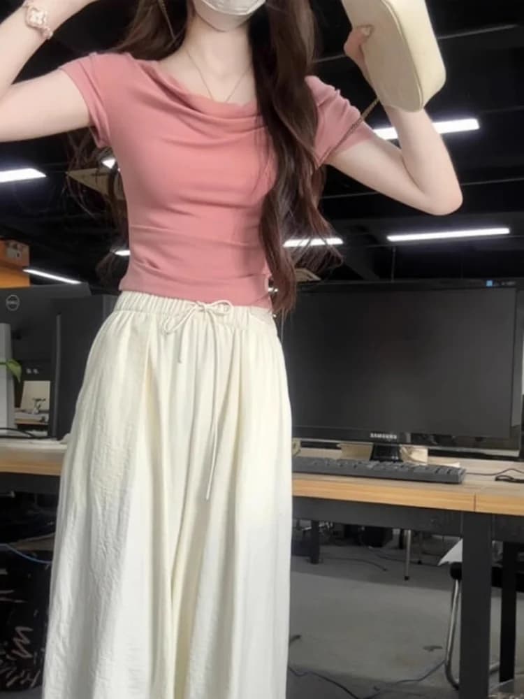 Dopamine Pink Ice Silk Short Sleeve T-Shirt Elegant Shoulder Baring Neckline Slim Fit Summer Top for Women Korean Style Commu...