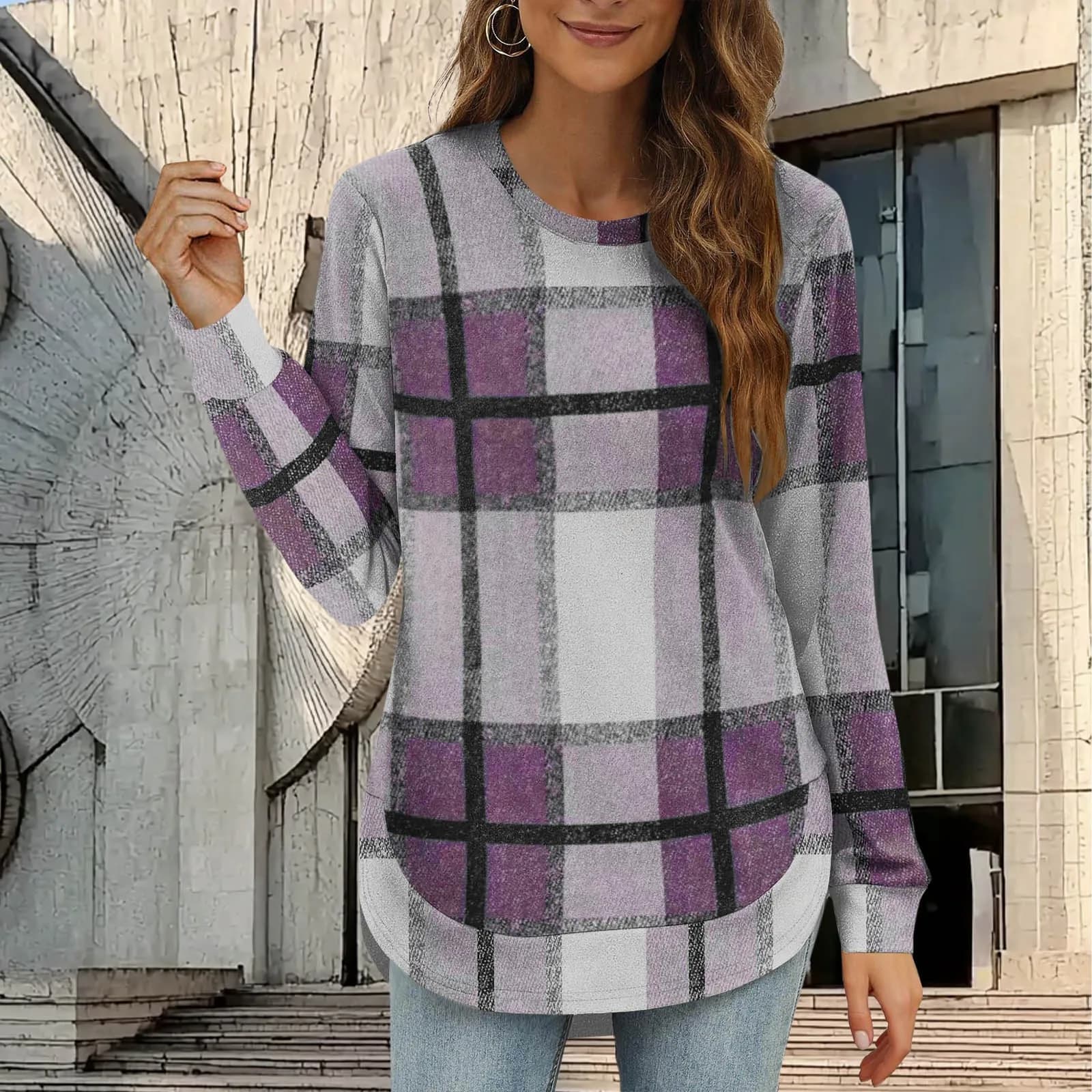 Women's Blouse Longsleeve Plaid Print Loose Fit Blouses Winter Casual Top Oversized Wool Like Fabric Long Sleeve Top Brown Plaid