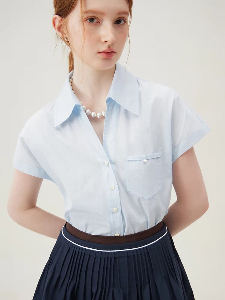 FSLE onna3 colors】donna manica corta Raglan estate sottile blu camicetta a righe bianche Polo collo monopetto camicia rosa Top 24 fs18026
