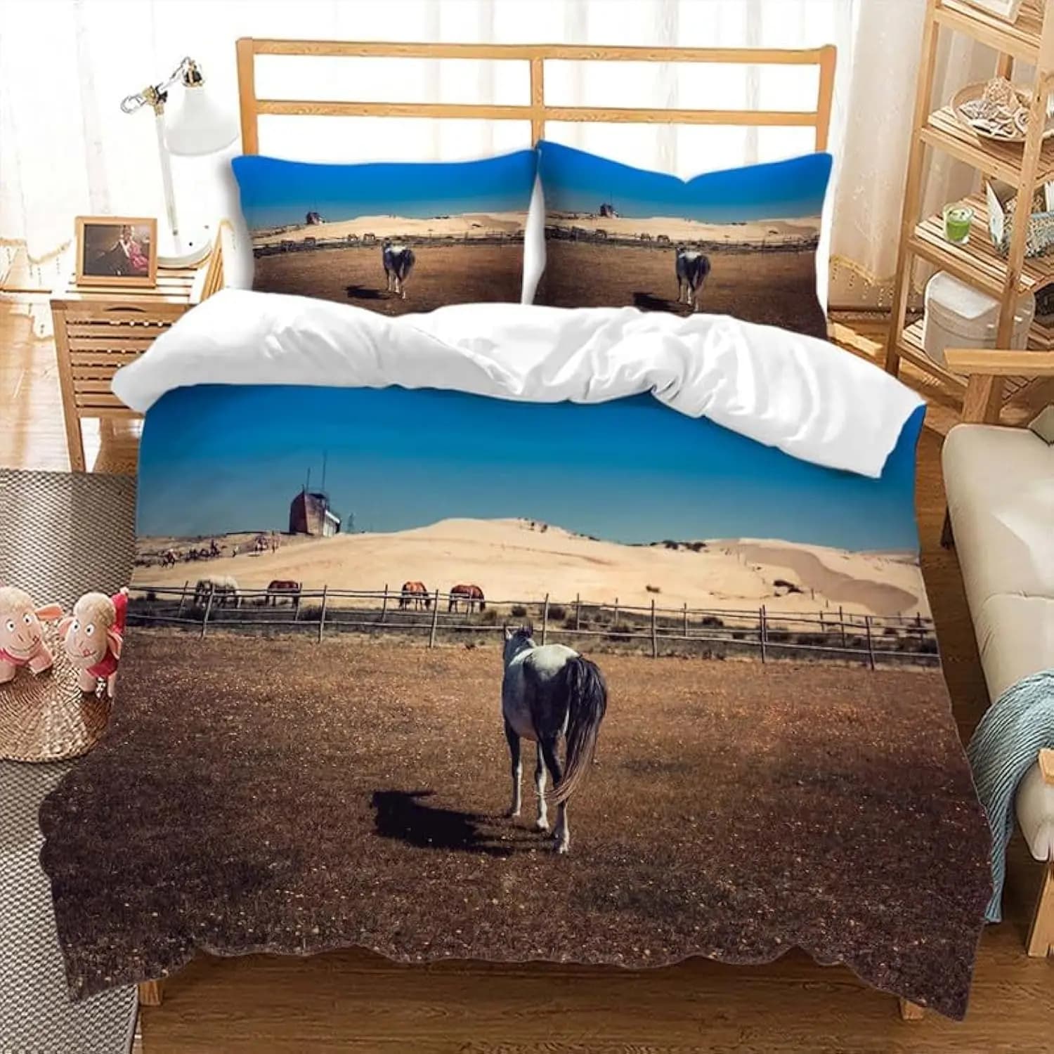 Set Copripiumino 3 Pezzi con Stampa Cavallo, Set Copripiumino con Stampa Animale, Arredamento Rustico da Fattoria, Decorazione Camera da Letto a Tema Natura, Biancheria da Letto Stile Campagna